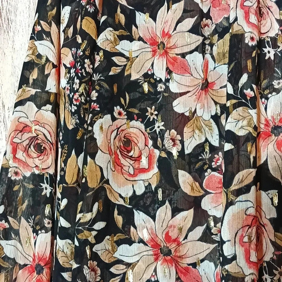 Floral sheer boho gathered mock neck flowy ruffle shimmer wide sleeve M - Picture 5 of 14
